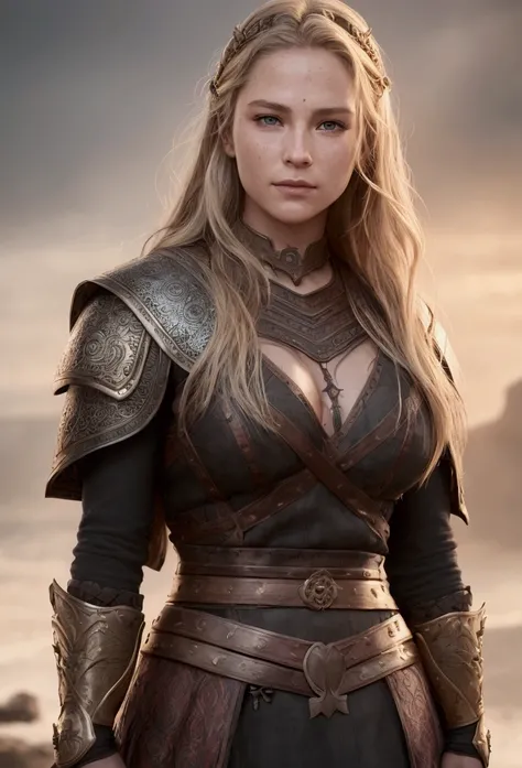 An illustrated poster for the film, beautiful warrior woman, vikings series style, looking ahead at viewer, small smiling, work of art, soft lighting, high qualiy, fully body, meticulously detailed, skin detailed, photorrealistic, fot, waist length hair, A...