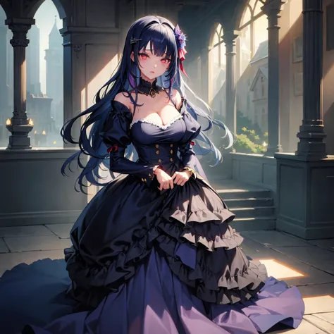 (masterpiece:1.4), (best quality:1.4), Extremely detailed, complex, Ultra Detailed, illustration,Soft lighting, landscape, 1 Girl, disgust, Navy blue hair, rich and colorful, Colorization, from_more than ,vampire_Costumes , track 