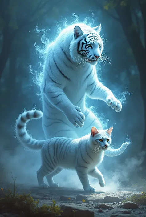 masterpiece, Highest quality, High resolution, Every detail、 Fantasy、Transparent tiger spirit behind the cat、Guardian spirit、Movement in sync with cats、