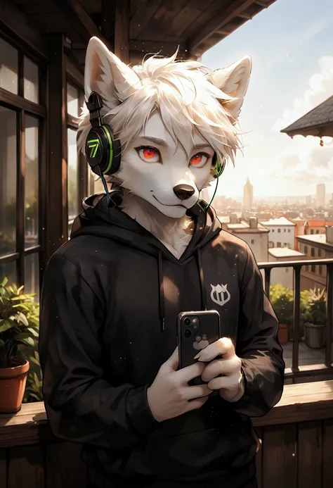 furry, masterpiece, high quality, absurd resolution, digital painting (artwork),soft lighting, solo, (humanoid male wolf), (white body), short hair white, soft, wearing a muzzle, sunlight, front view, panoramic, looking at the viewer, focusing on the chara...