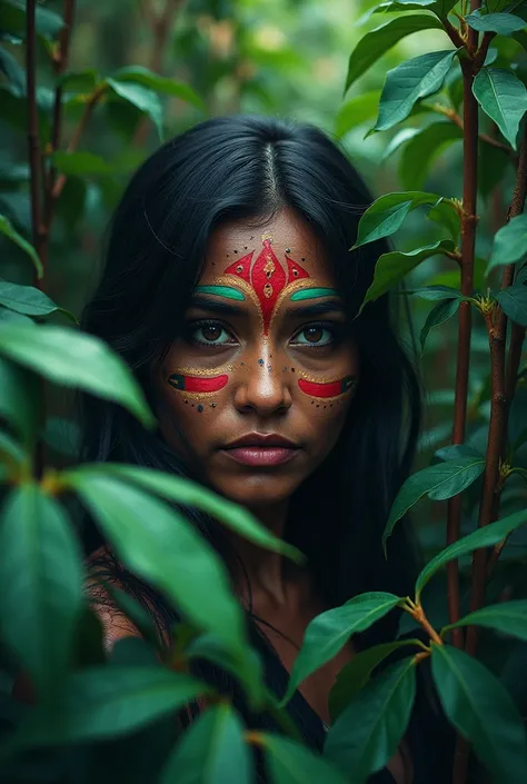 Native woman in her natural state with painted face, looking hidden so as not to be seen,  between a native forest with green and neon tree leaves,