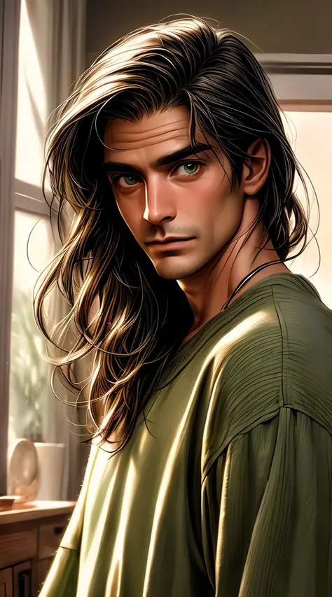 a forty year-old man clean shaven with long dark hair and green eyes and high cheekbones and a confused expression and a funny face, detailed eyes and eyebrows, in his cozy living room, surrounded by soft lighting, wearing casual clothes, standing in front...