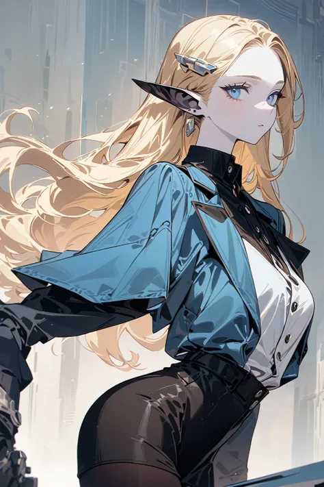 (masterpiece, Best quality) detailed, 1 , Blue archival art style , wear black tights, Silver Accessories , Button up , futuristic, brilliant , Beautiful woman , pale skin ,blonde ,elegant, rich man , , Pointed ears , long eyelashes , 2,
 , Soft faded colo...