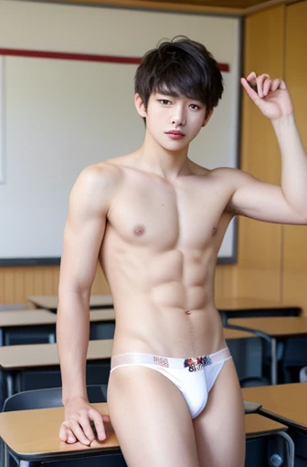 (masterpiece, best quality), young boys, cute boys,handsome ,wear white thong, in classroom.