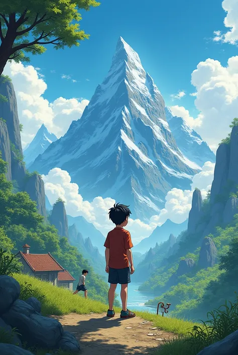 “A young boy, standing determined with his hand outstretched toward the horizon, embarking on a journey into a vast and magical world. Behind him, a small village can be seen fading into the distance, while in front, towering mountains, ancient forests, an...