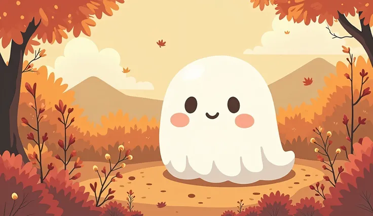 Draw a ghost in the style of Sumikkogurashi ,lofi cozy autumn, fall season, ultrawide , landscape ,plants, bobo