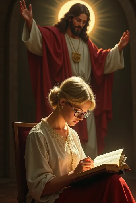 Jesus Christ looking at me while I read the Bible. Me praying on my knees. I am a blonde adult woman with short wavy hair and an average body.. I have honey brown eyes and I wear gold glasses. I&#39;m 4