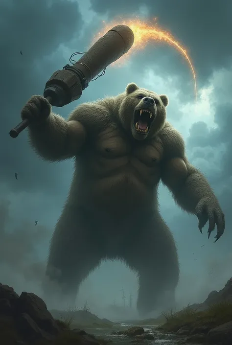 Monster look half human bear with muscular body flying into sky and throwing arch by bear to down side of the ground black thundering cloud deem light background