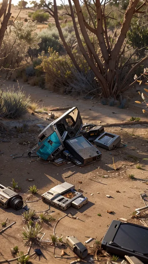 old video cards thrown in the dry bush, old and broken motherboards scattered in the dry grass, dry and rotten leaves, computer parts scattered on the dry grass floor, hyper realistic, warm natural lighting