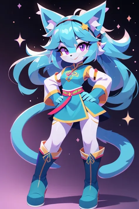 complete body, face perfect, cabelo roxo, Star Guardian, purple and cyan eyes, bright purple eyes, long eyelashes, cyan blue fur, cyan blue cat ears, ssmile doce,tummy,arms ,flegs ,waist,feet,boots casual adventurer outfit. purple and cyan hair, fake cat e...