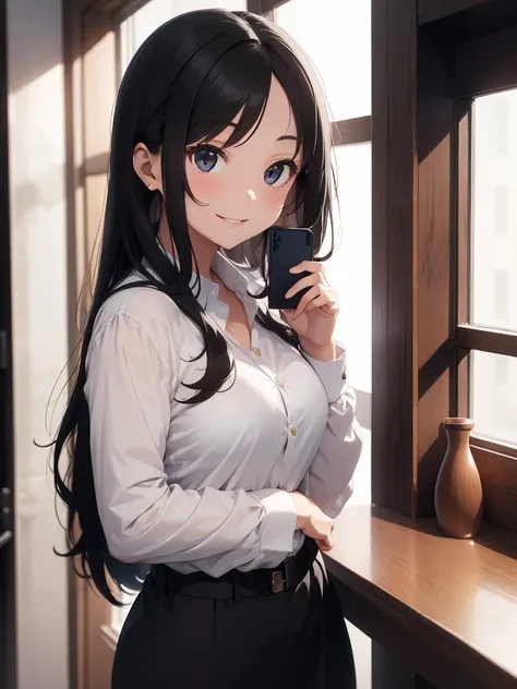 a female lawyer，Smiling, Black medium long straight hair,No bangs on forehead， Black suit, White shirt,Professional eyes，Standing and looking at the phone, calm gaze, Smooth and fair skin, simple interior environment, Uniform lighting, gentle shadow, Profe...