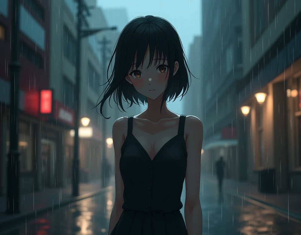 anime lady walking through the rain close up depressing vibe