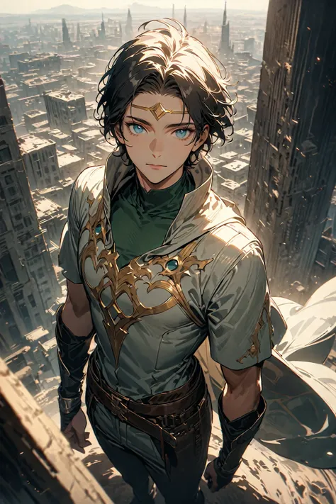 A young man with messy sky-blue short hair, a headband tied around his forehead, handsome face, calm expression, ((a fantasy-style short-sleeved robe coat with a unique half-side design, a green undershirt underneath)), an archers wrist guard, a cloth belt...