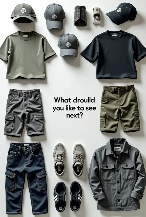 Sample of clothing of Caps, men tees, kids wear, cargo short, jackets only, not wearing of a person On sides and at the center written "What would you like to see next?"