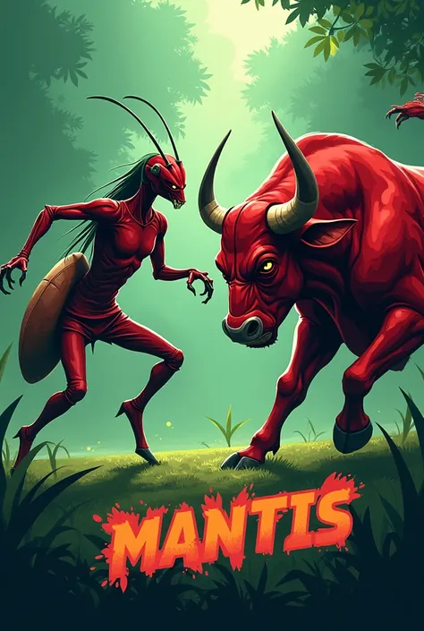 Give me a football poster with the main theme green, The main team is called mantis, I want the poster to have a mantis fighting a red bull