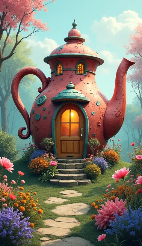 House in the shape of a teapot, garden with flowers and leaves, ultra-detailed, abstract, surreal, best quality, masterpiece, glow, splash. Alexander Hansson-inspired teacup house, trending on Art Station, captured in a studio photo with sharp focus, intri...