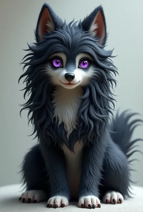 furry human dog poodle with wavy black hair, purple eyes, light skin.