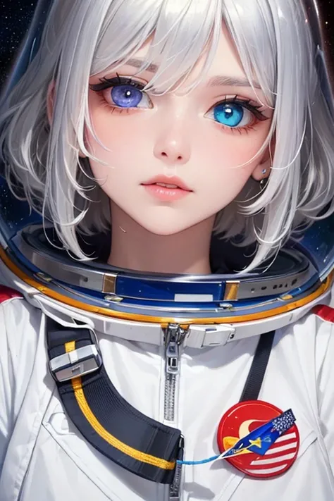 (Close-up of a better masterpiece:1.5)0.9], (Space and astronauts:1.2) (Messy silver hair:1.1) (Heterochromia xanthochromia and blue eyes:1.2) (Space Helmet:1.0) (Colored stars in the eyes:1.0) (A radiant glow:1.1) (thick lips:0.9)