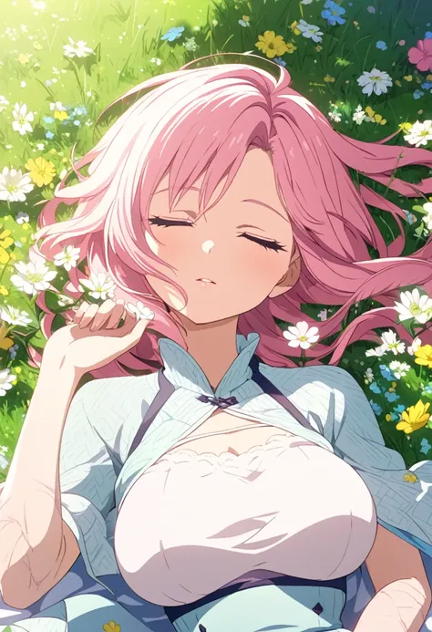 a beautiful woman with flawless skin, captivating eyes,  lying in a lush green meadow, surrounded by early spring flowers. Her long pink hair spreads out on the grass as she slowly opens her eyes, awakening to the first rays of the spring sun. The air is f...