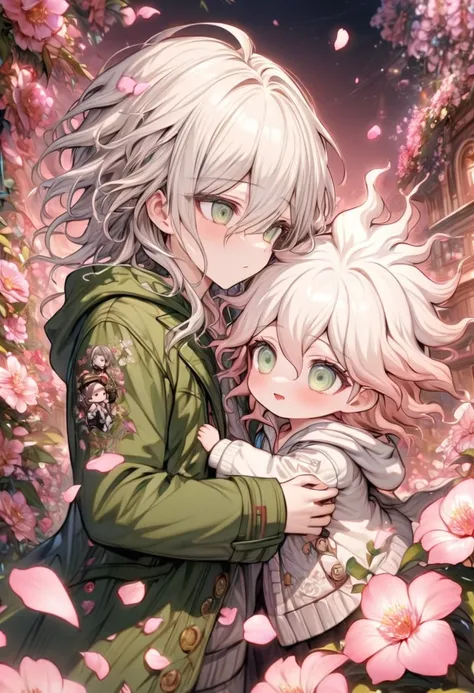 Ultra detailed, highres, absurdres, HDR, master piece, Aida chibi, ash blonde hair with bangs, medium length hair, expressive light green eyes, Danganronpa, white cardigan with black patterns, Komaeda Nagito chibi, white hair, expressive gray-green eyes, g...