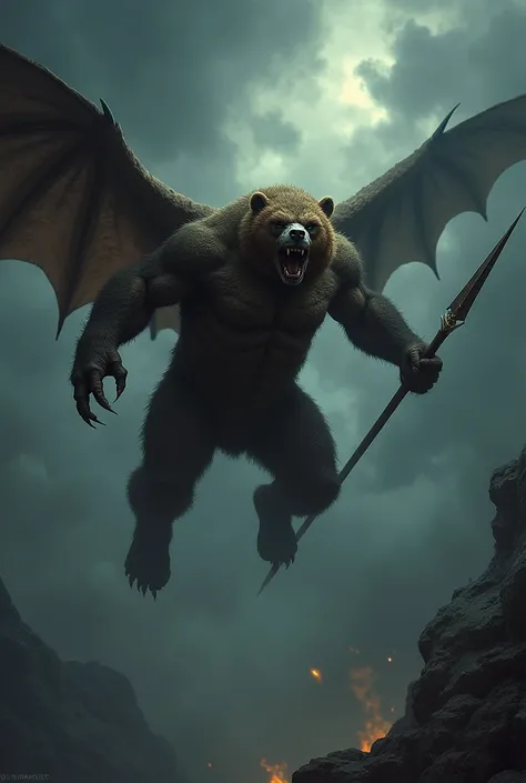 Monster look half human bear with muscular body flying into sky and throwing javelin by bear to down side of the ground black thundering cloud deem light background