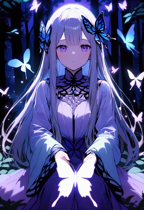 long straight hair, light blue and purple dress with flowing sleeves, blue boots, hair accessories, sitting pose, looking at a butterfly, soft skin, outdoor night forest with butterflies, soft blue and purple lighting, magical and serene atmosphere, from t...