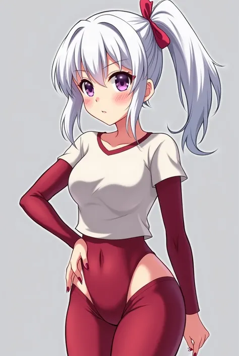 HD、Animation style、white hair 、Purple Eyes、girl、High school student 、single ponytail、Baseball player、Light color short sleeve top、Long sleeve red underwear、plump breasts、Good shape、Long slender figure