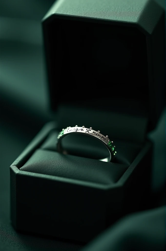 Elegant silver thin engagement ring with small green stones and an engraving that says “Edgar x Ranpo” placed in a dark elegant box