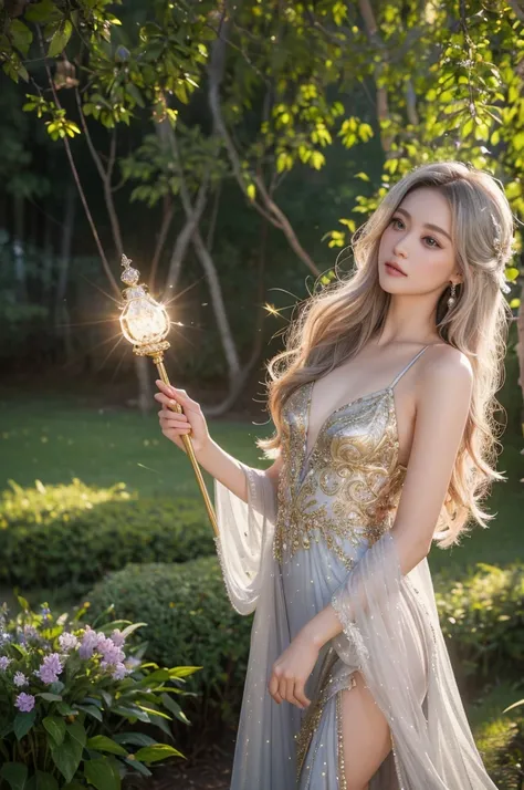 8k, RAW photo, best quality, masterpiece:1.2), (realistic, photo-realistic:1.4), (extremely detailed 8k wallpaper),A stunning fantasy girl, with long flowing silver hair adorned with small sparkling crystals. She has deep, enchanting violet eyes that shine...