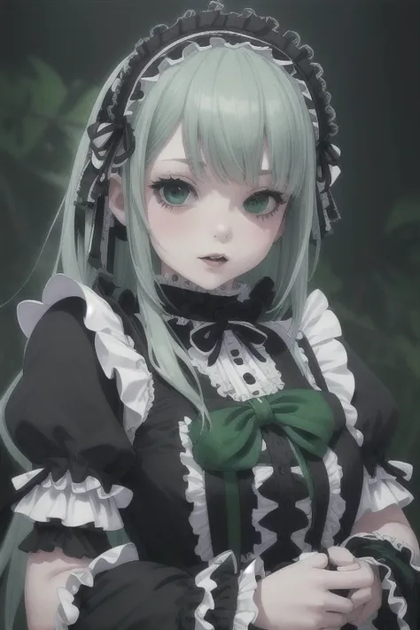 Digital Illustration, (Realistic:1.3),(RAW Photos.), (Tabletop,Highest quality,Ultra-high resolution output images,) (8K quality,),(Picture Mode Ultra HD,),(Picture Mode Ultra HD)Black Gothic Lolita Fashion(((Frilly Goth　With white frills　Midori&#39;s shor...