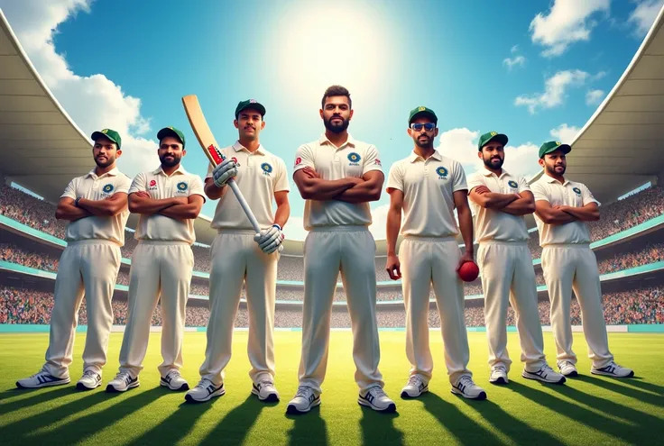 "A dynamic and vibrant poster showcasing the captains of major cricket-playing nations. Each captain stands in their official cricket uniform, representing their country with pride. The captains of India, Australia, England, New Zealand, South Africa, Paki...