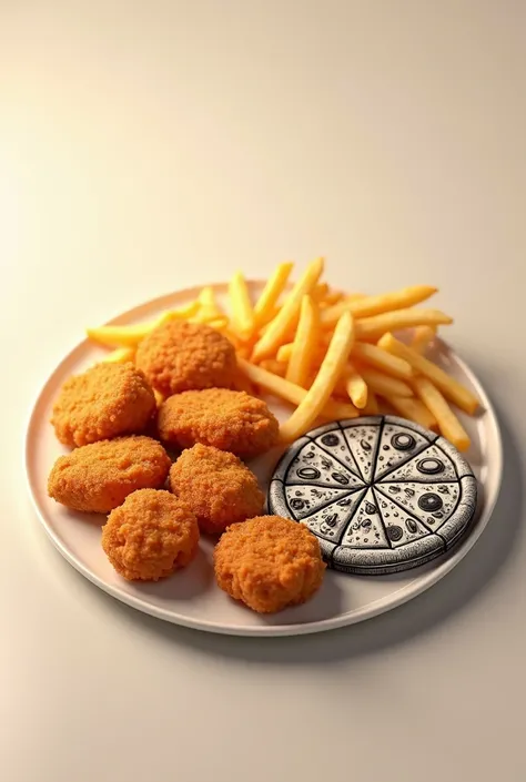 create image of plate with nugget french fries and pizza black and white sketch