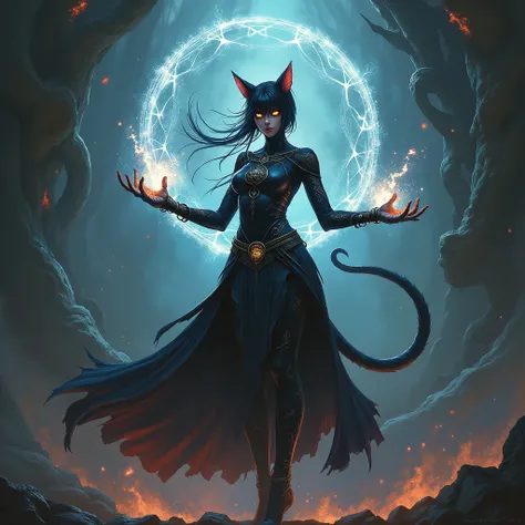 Nekomancer female cat, magical, summoning, dark forces, intricate background 