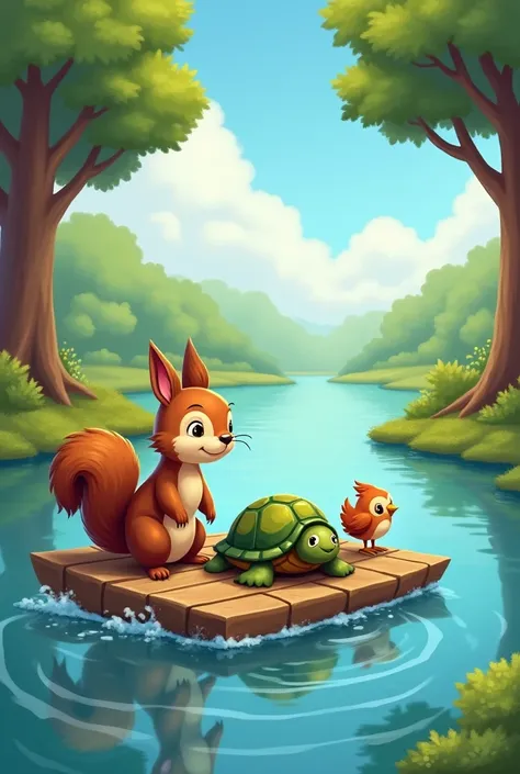 squirrel, turtle, bird friends on a raft in the river