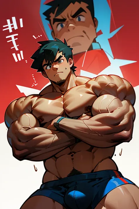 Ash Ketchum from Pokémon anime as a big dumb teenage muscular bodybuilder jock in a weight room flexing and staring blankly with mouth gaping open as his eyes glow under hypnosis as he repeats, "Big ... dumb ... big ... dumb... All I become, just big and d...