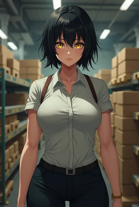 best quality pale skin girl black hair yellow eyes extremely short hair frown ((((muscular)))) thick thick thick breasts tight shirt tight pants postal worker warehouse 