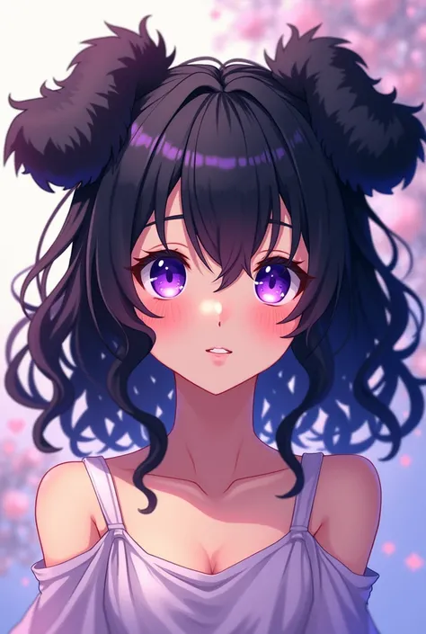 human with wavy black hair, purple eyes, fair skin, anime style and poodle dog ears