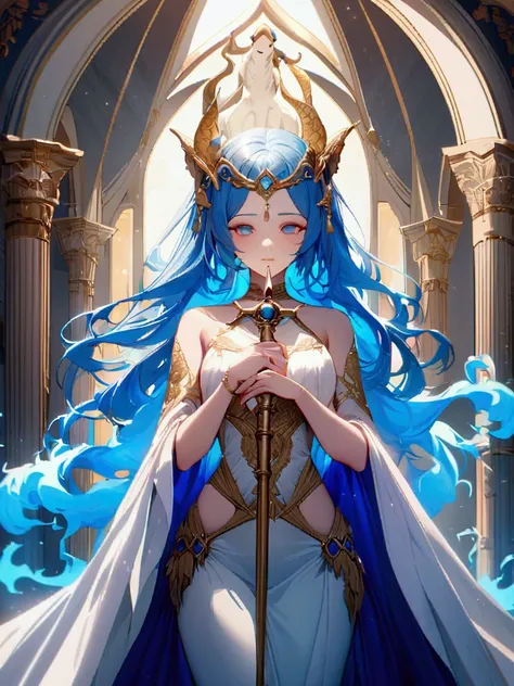 Long blue hair, 1 goddess, Holding a golden scepter, he has a fiery aura，，Behind stands the big white dog god，She holds the dog&#39;s face