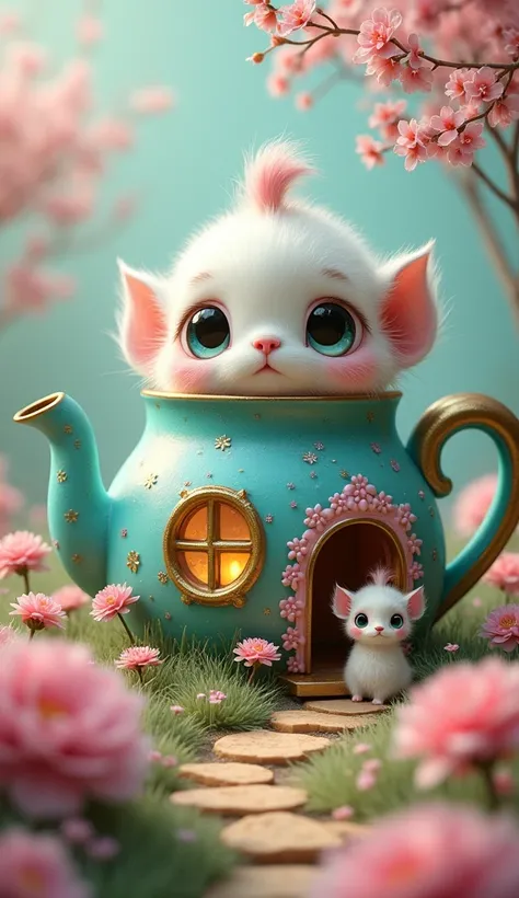 Enchanted digital painting depicting a dream world with a quaint teapot house painted in hues of turquoise and gold, accented with pink glitter, nestled among a blossoming array of fantastical flowers and candy-like sweets, inhabited by cute, fluffy creatu...