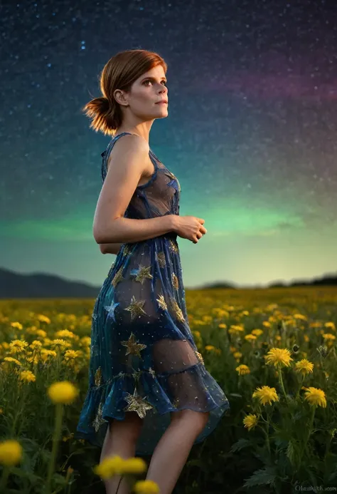 a beautiful young woman, Kate Mara, a sheer summer dress, no underwear, exploring a field of alien flowers that glow with bioluminescence, strange stars hang in the dreamy night sky, detailed portrait, beautiful, elegant, enchanting, ethereal, serene, atmo...