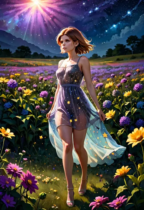 a beautiful young woman, Kate Mara, a sheer summer dress, no underwear, exploring a field of alien flowers that glow with bioluminescence, strange stars hang in the dreamy night sky, detailed portrait, beautiful, elegant, enchanting, ethereal, serene, atmo...