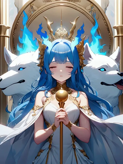 Long blue hair, 1 cute goddess,Wearing a white long dress， Holding a golden scepter, he has a fiery aura，，Behind stands the big white dog god，She holds the dog&#39;s face