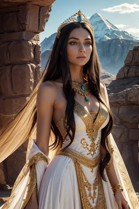 A regal, humanoid princess from the fictional planet of Barsoom, a stunningly beautiful woman with piercing green eyes, long, flowing golden hair, and a slender yet athletic physique, dressed in a flowing white and gold gown, adorned with intricate, interl...