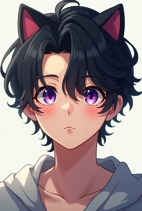 human male with wavy black hair, purple eyes, fair skin, anime style and poodle dog ears