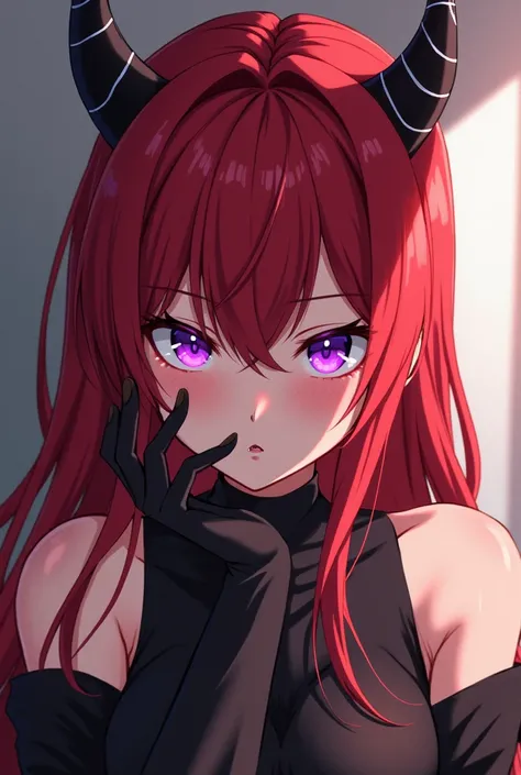 ((full hd quality)) anime,1 girl, Red haired female character, Dragon horns on his head((Surtr de Arknights)) , violet eyes, a seria expression, with a slim and sexy body, sitting mientras coloca su mano sobre su mejilla