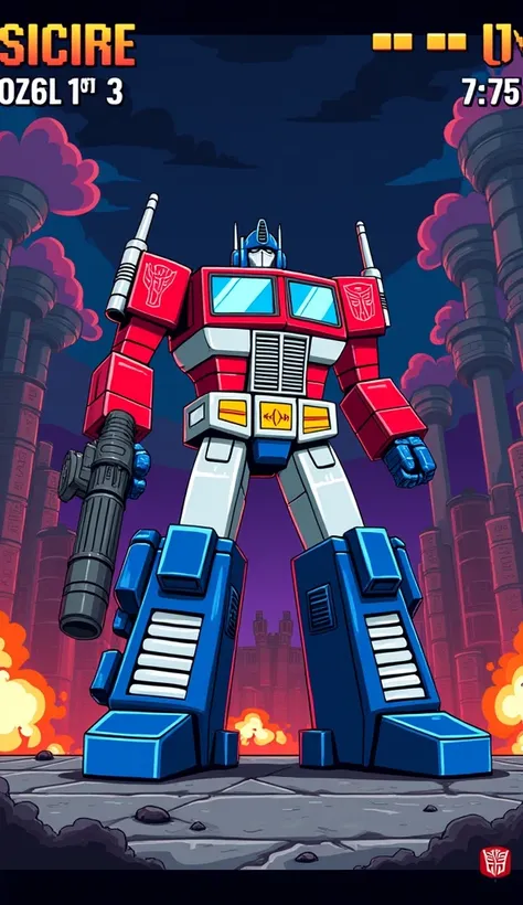 Create a retro video game-style scene featuring Optimus Prime from the 1980s animated series Transformers. The image should have a pixelated, 8-bit art style reminiscent of classic arcade games from that era, with limited color palettes and blocky characte...