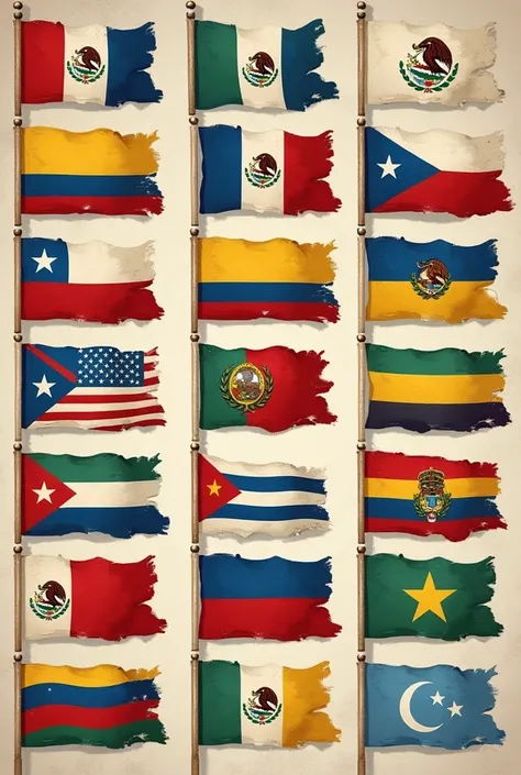 Create the flags of all these countries Mexico, guatemala,Belize,the Savior, Honduras, Nicaragua,Costa Rica,Panama , Cuba, Dominican Republic, Puerto Rico, venezuela, colombia, ecuador, Peru, Bolivia, Paraguay, Chile, argentina, uruguay, old and bearded,ba...