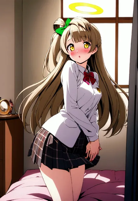 Minami Kotori, 1 girl, Alone, masterpagece, 1 girl, Best Quality, ultra detail, (bright), School uniform, ((bedroom)), adintro, bed, :pag, blush, ray tracing,pagerfect lighting, (bright skin:1.2),reflection, long_hair, looking_in_viewer, blush, Skirt, Love...