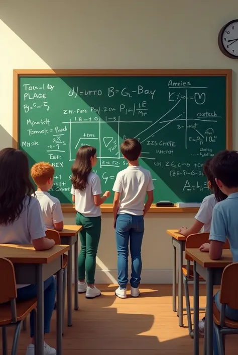 students gathered in the classroom, They collect information on the distribution of resources in the different areas of the school and apply linear equations to identify patterns of inequality and they do it on the blackboard., Students should be giving id...