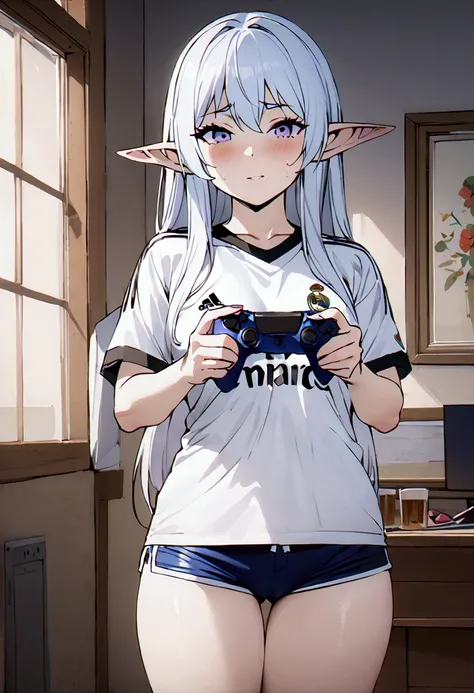 (best qualityer, work of art),sexually,  erotic, 18+, NSFW, 1 girl, 1 , dressed in the Real Madrid shirt, elf ear , 4k image quality , standing, straight posture, holding ps5 controller, short shorts 